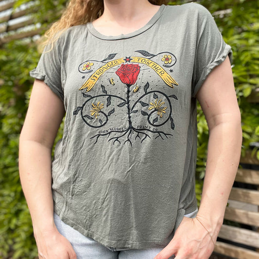 Stronger Together | June Birth Flower | Olive Green Tee | Large