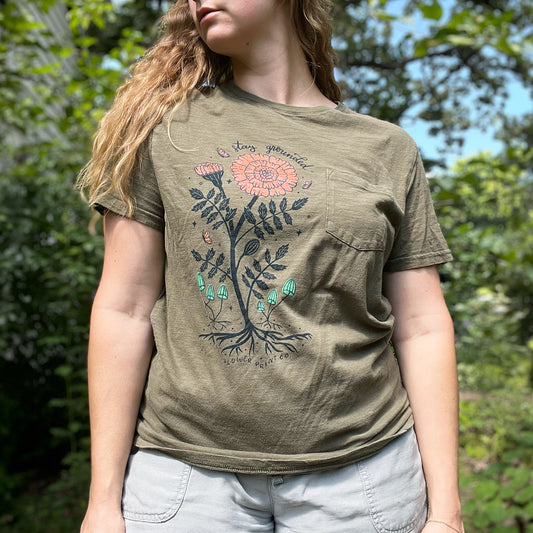 October Birth Flower | Marigold | Olive Green Tee | Medium