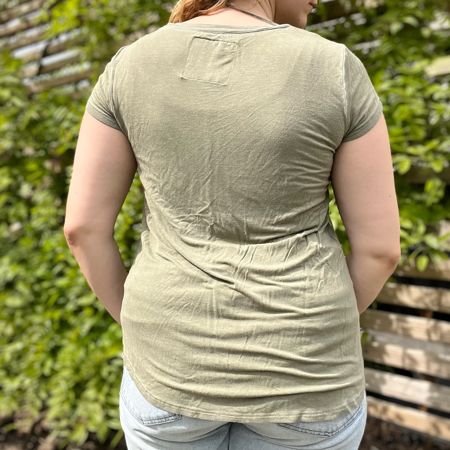 Stronger Together | June Birth Flower | Olive Green V-Neck Tee | Medium