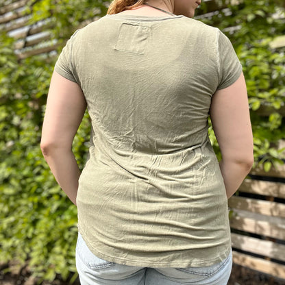 Stronger Together | June Birth Flower | Olive Green V-Neck Tee | Medium
