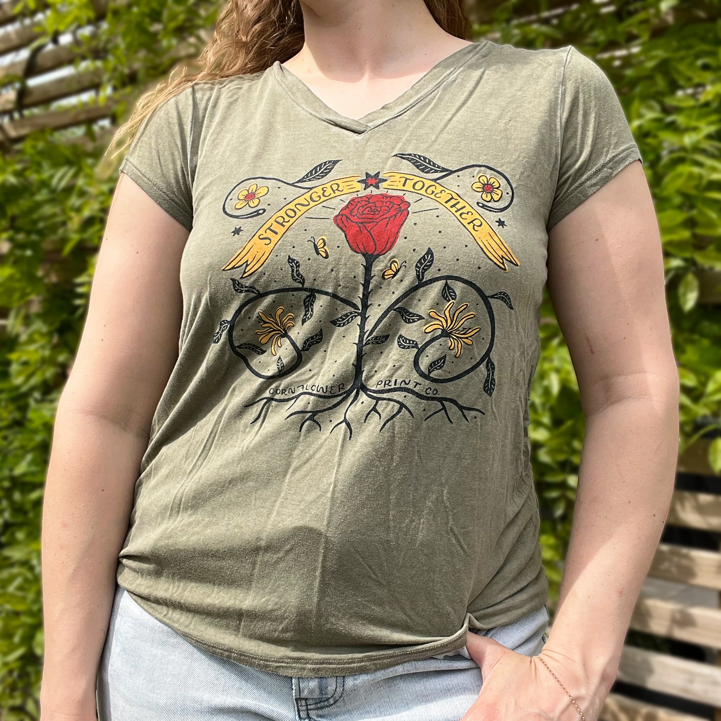 Stronger Together | June Birth Flower | Olive Green V-Neck Tee | Medium