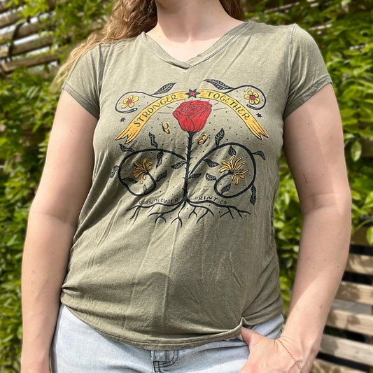 Stronger Together | June Birth Flower | Olive Green V-Neck Tee | Medium