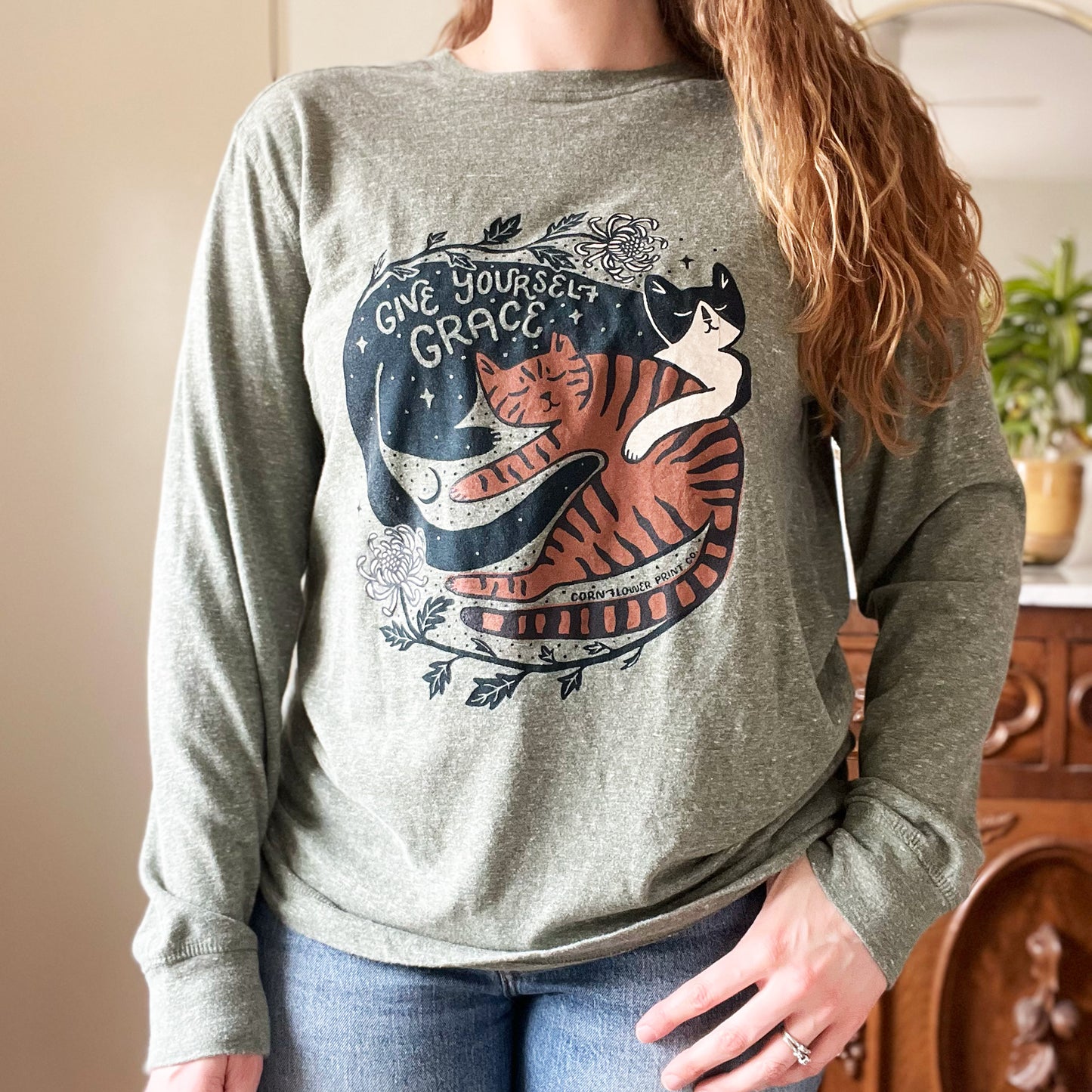 November Birth Flower | Chrysanthemum | Heather Olive Green Long Sleeve | Large