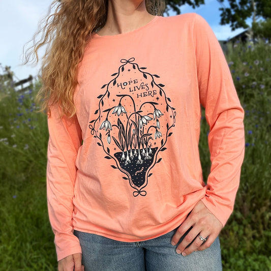 Hope Lives Here | Snow Drops | January Birth Flower | Orange Long Sleeve Shirt | XL