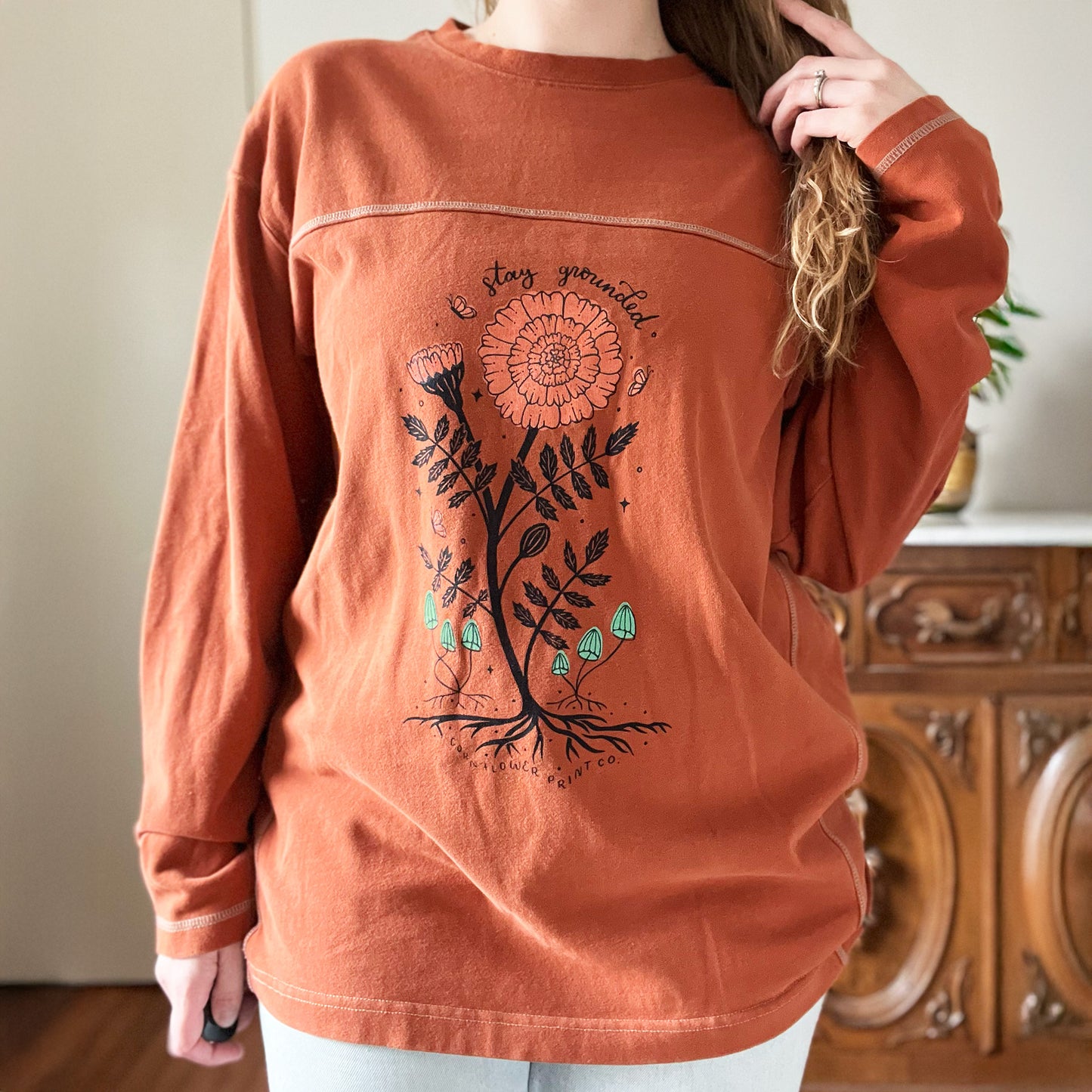 October Birth Flower | Marigold | Orange Long Sleeve | XL