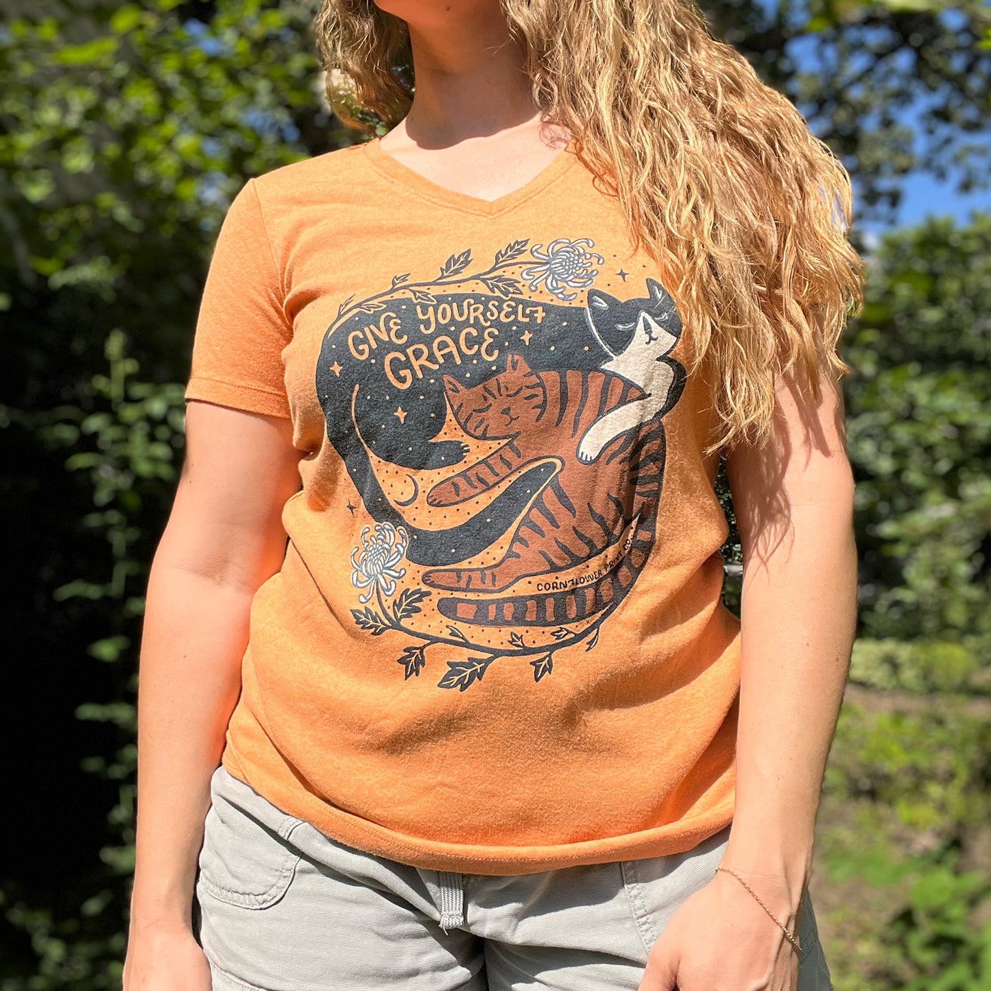 November Birth Flower | Chrysanthemum | Orange V-Neck Tee | Large