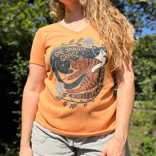 November Birth Flower | Chrysanthemum | Orange V-Neck Tee | Large