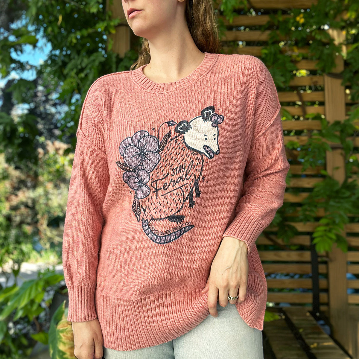 Stay Feral | Opossum | Oversized Pink Knit Sweater | Small