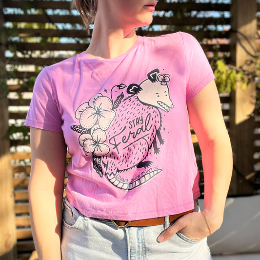 Stay Feral | Opossum | Pink Crop Top | Medium