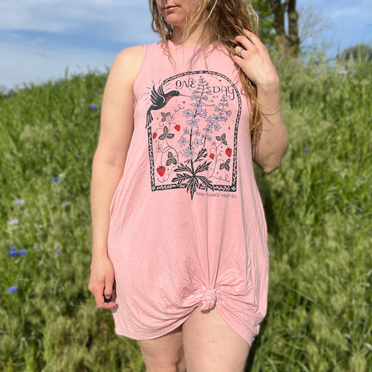 One Day at a Time | July Birth Flower | Pink Tank Dress w Pockets | Medium