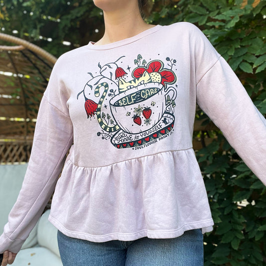 Self Care Cat | Pink Flowy Sweater | Medium