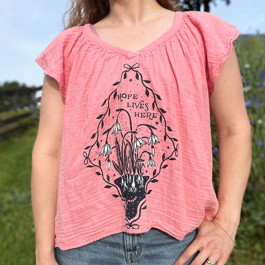 Hope Lives Here | Snow Drops | January Birth Flower | Pink Flowy Top | 2X