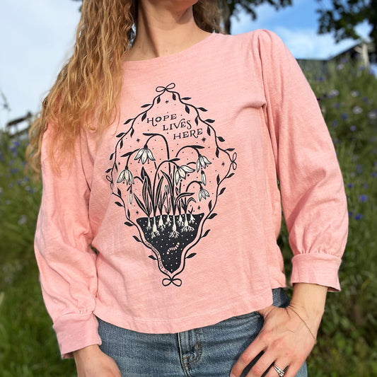 Hope Lives Here | Snow Drops | January Birth Flower | Pink Long Sleeve Shirt | XL