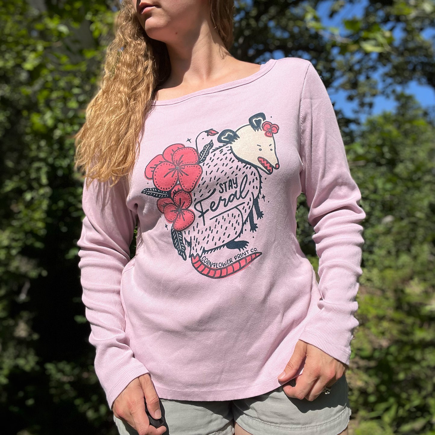 Stay Feral | Opossum | Light Pink Long Sleeve Shirt | 2X