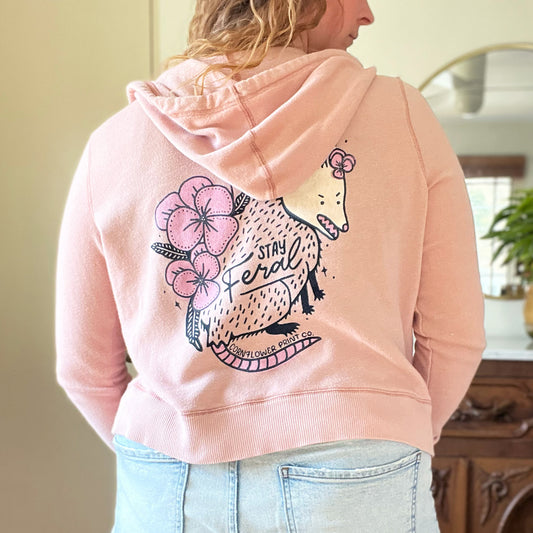 Stay Feral | Opossum | Pink Lightweight Zip-Up Jacket with Thumbholes | Medium