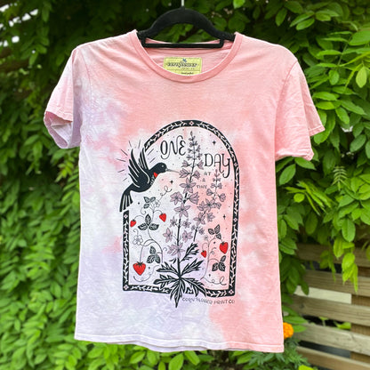 One Day at a Time | July Birth Flower | Pink & Purple Tiedye Tee | XS