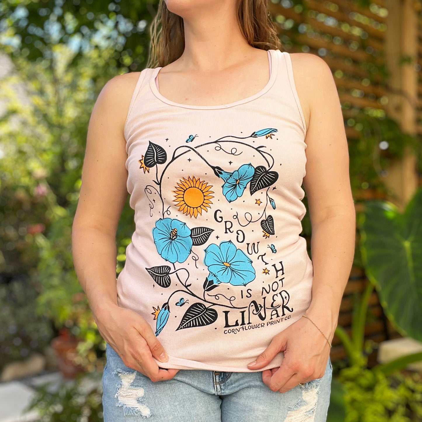 September Birth Flower | Morning Glory | Pink Ribbed Tank Top | Large