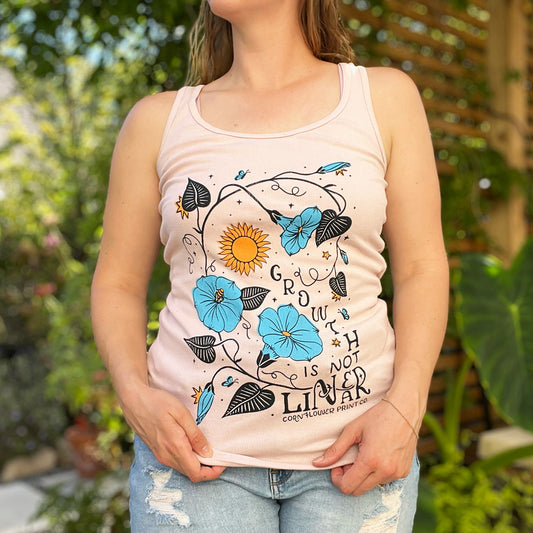 September Birth Flower | Morning Glory | Pink Ribbed Tank Top | Large