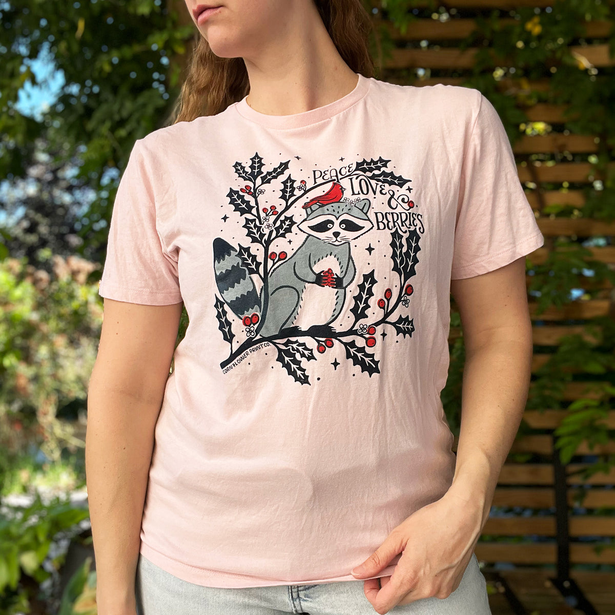 Peace, Love & Berries | Holly | December Birth Flower | Light Pink Tee | Medium