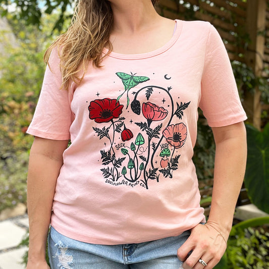 Seek Hope | August Birth Flower | Pink Scoop Neck Tee | XL