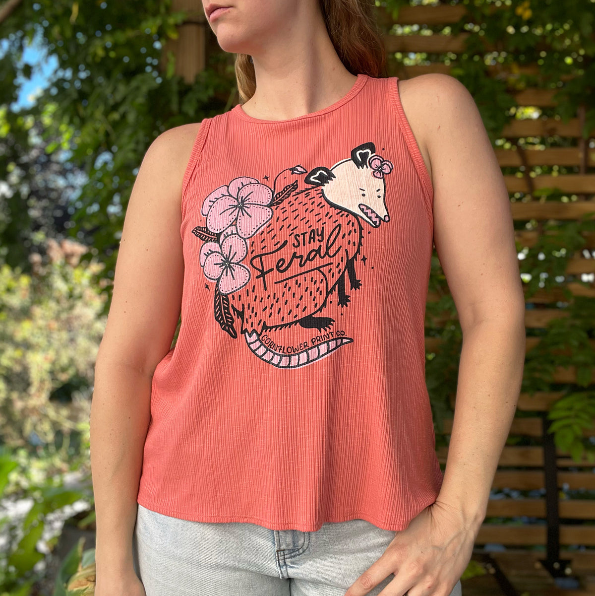 Stay Feral | Opossum | Pink Ribbed Tank Top | Medium
