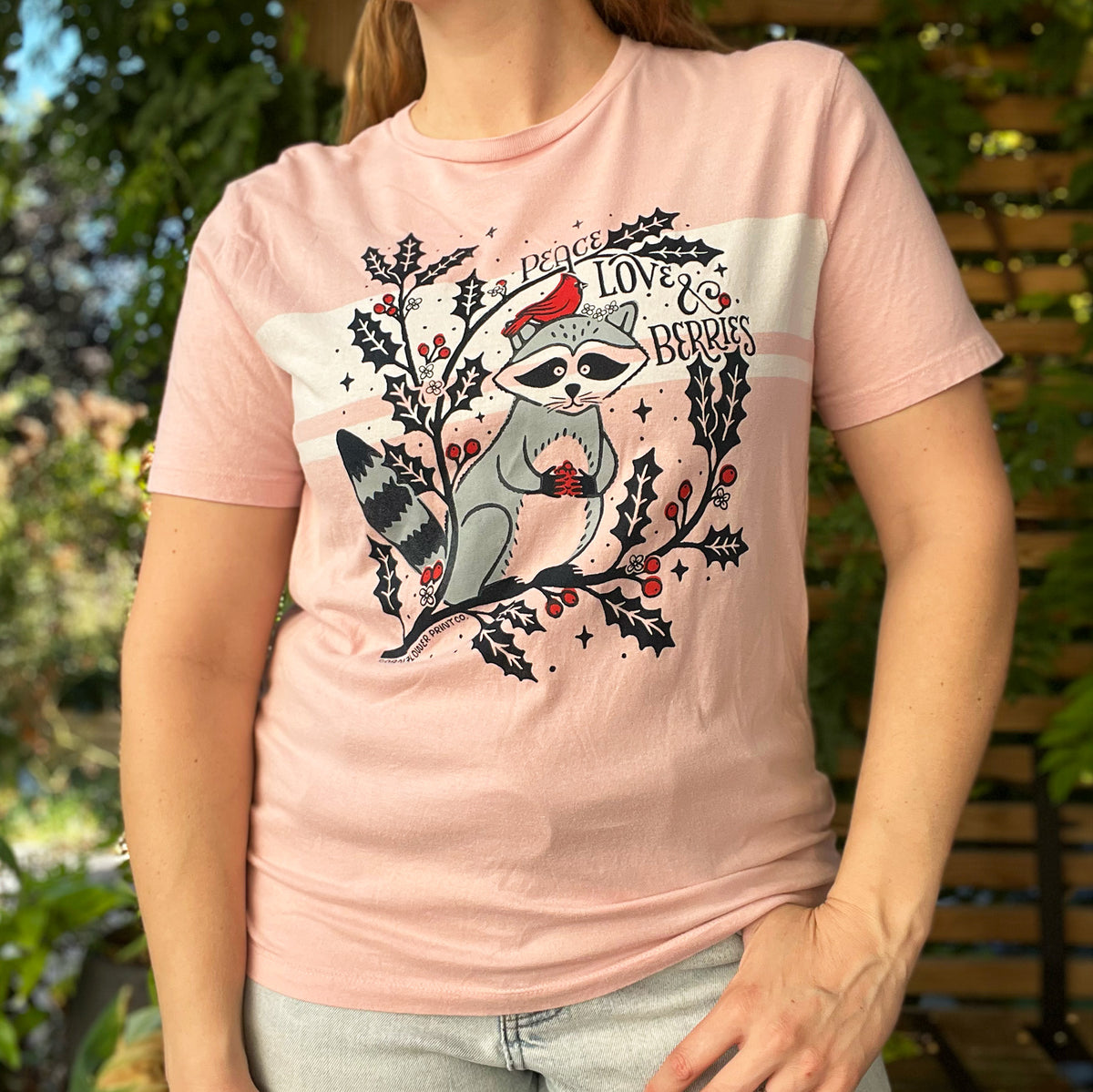 Peace, Love & Berries | Holly | December Birth Flower | Pink w/ White Striped Tee | Medium