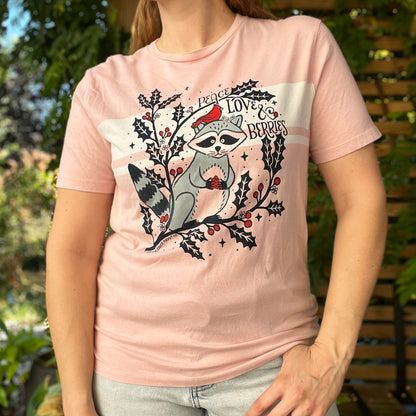 Peace, Love & Berries | Holly | December Birth Flower | Pink w/ White Striped Tee | Medium