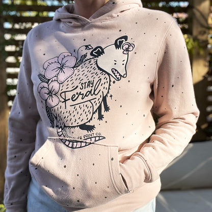 Stay Feral | Opossum | Pink Polka Dot Hoodie | Medium