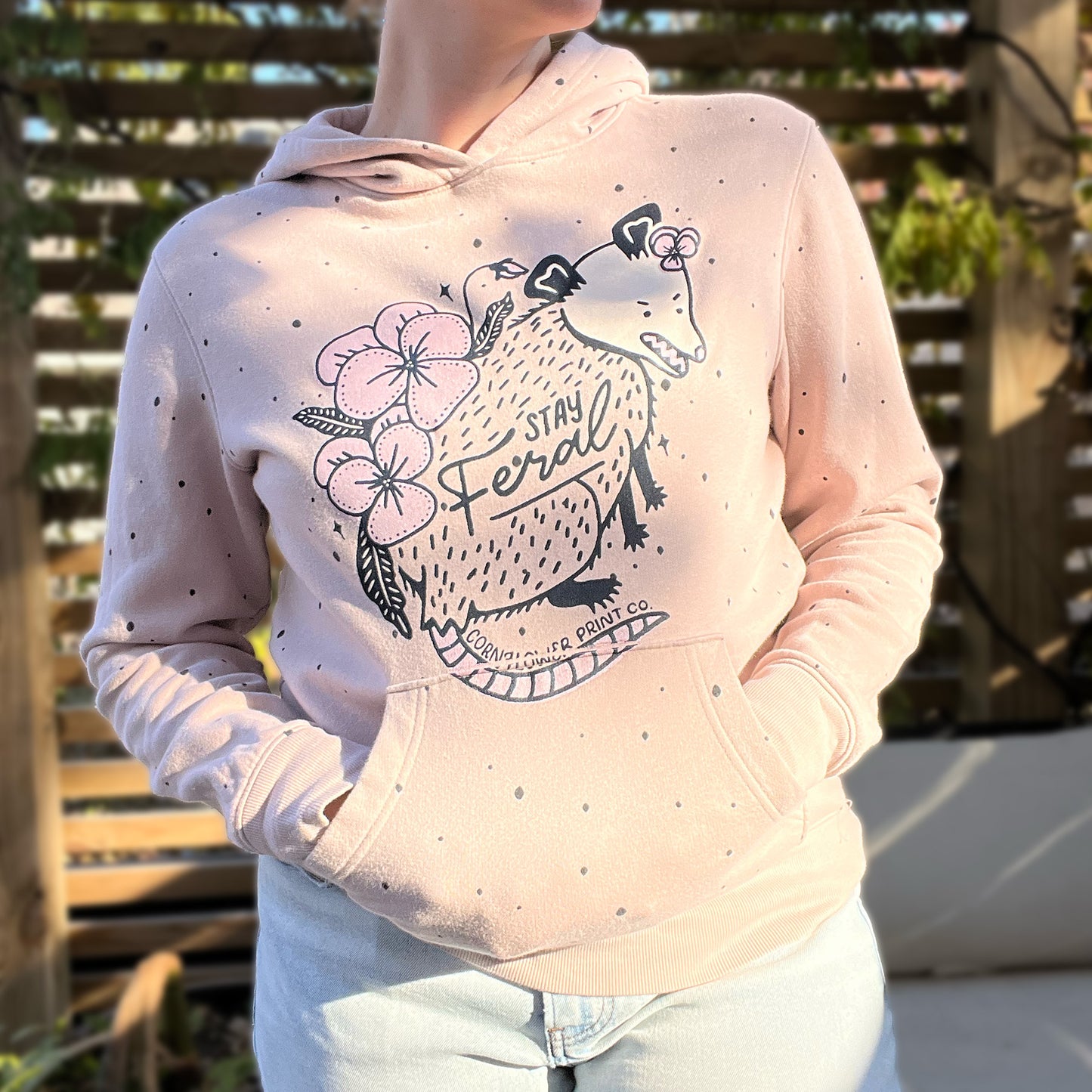 Stay Feral | Opossum | Pink Polka Dot Hoodie | Medium