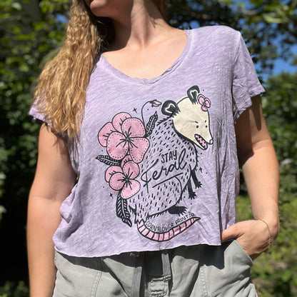 Stay Feral | Opossum | Distressed Heather Purple Crop Top | XL