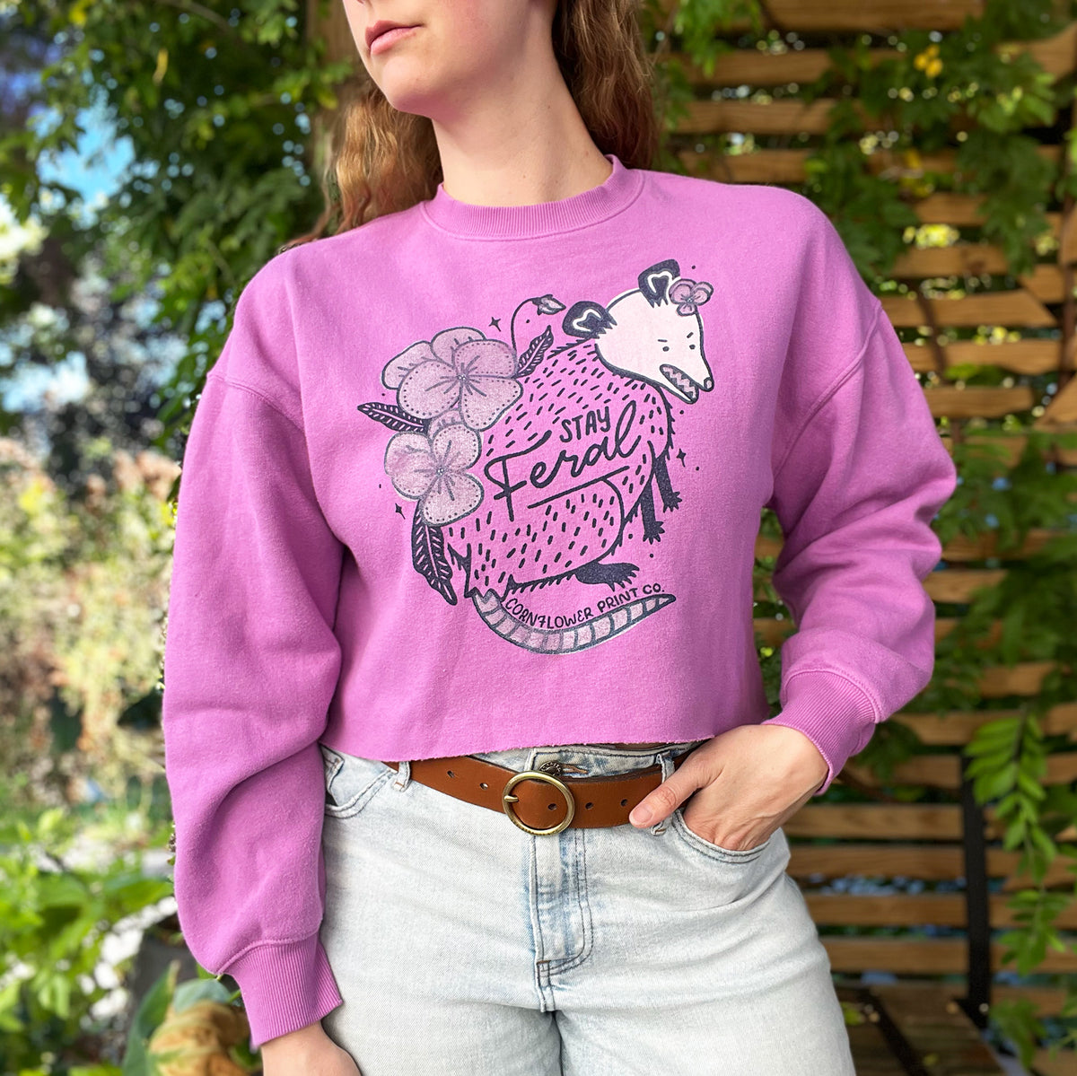 Stay Feral | Opossum | Purple Cropped Sweatshirt | Small