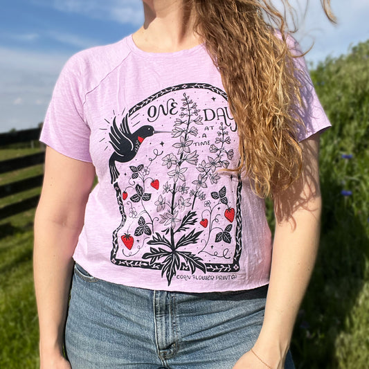 One Day at a Time | July Birth Flower | Purple Cut Off Crop Top | Medium