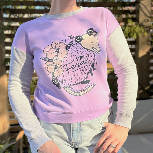 Stay Feral | Opossum | Purple / Grey Sweatshirt | Medium