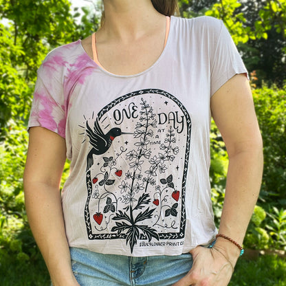 One Day at a Time | July Birth Flower | Pink / Purple Tiedye Scoop Neck Tee | Large