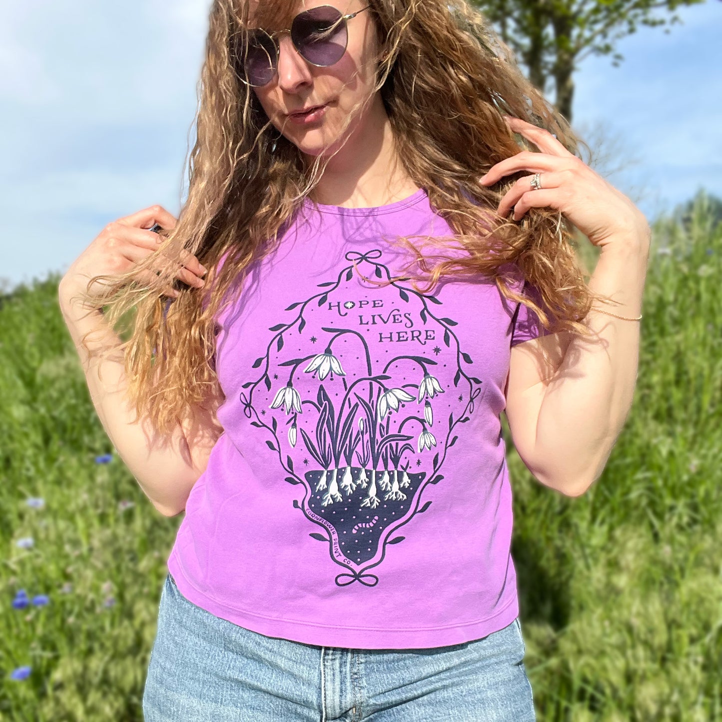 Hope Lives Here | Snow Drops | January Birth Flower | Purple Tee | Medium