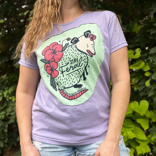 Stay Feral | Opossum | Light Purple Tee | Large