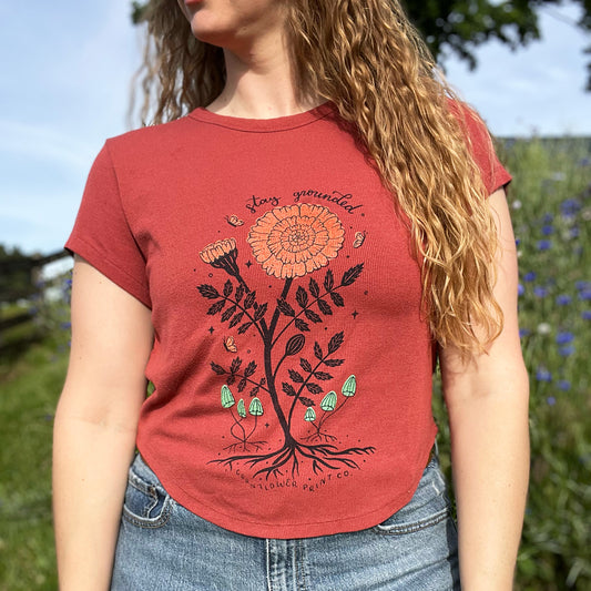 October Birth Flower | Marigold | Red Crop Top | Large