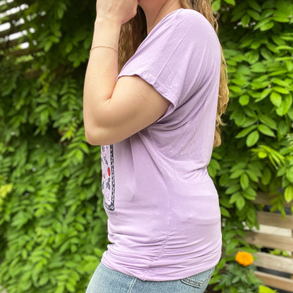 One Day at a Time | July Birth Flower | Purple Raglan Short Sleeve w Ruched Sides | XL