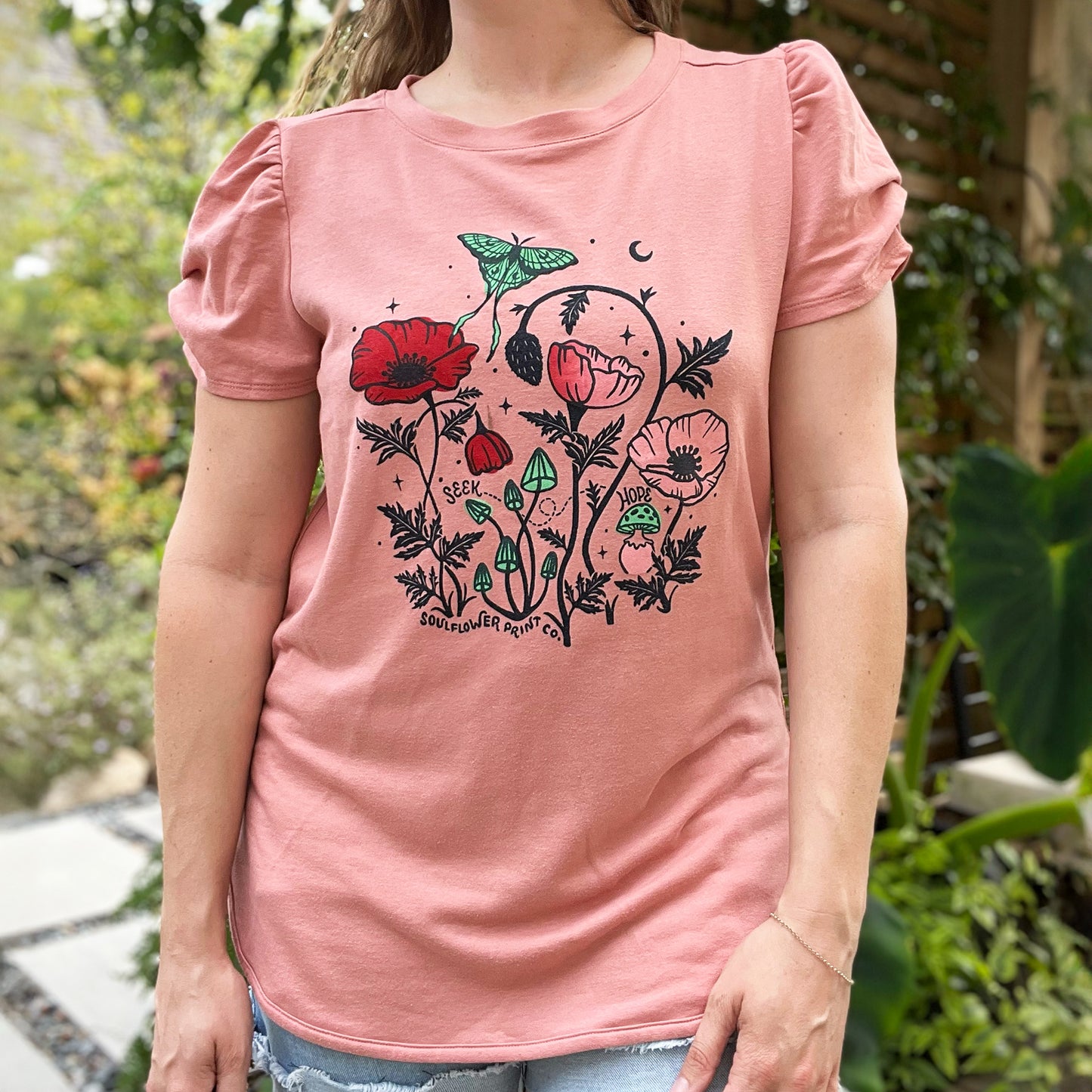 Seek Hope | August Birth Flower | Pink Ruffle Sleeve Top | XL