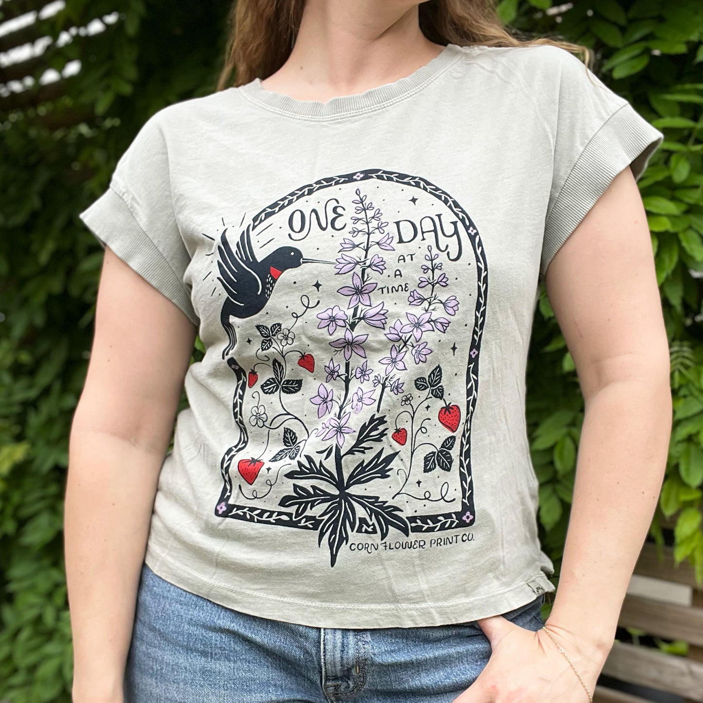 One Day at a Time | July Birth Flower | Light Sage Green Tank Top | Medium