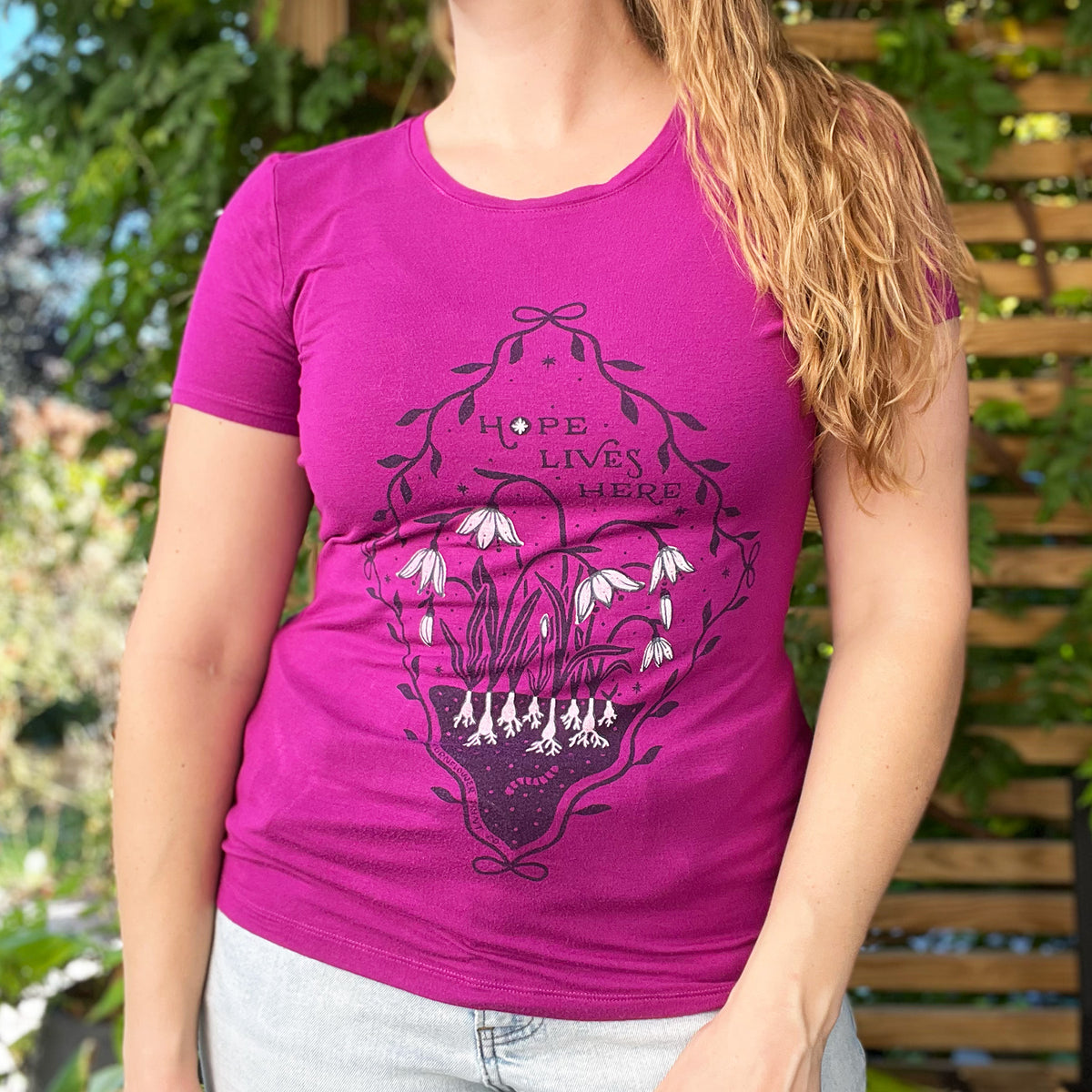 Hope Lives Here | Snowdrops | January Birth Flower | Jewel Tone Pink/Purple Tee | Small