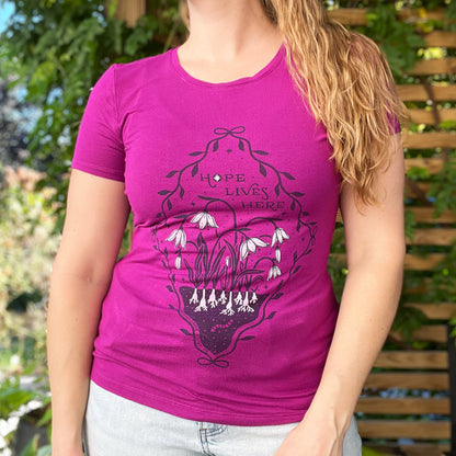 Hope Lives Here | Snowdrops | January Birth Flower | Jewel Tone Pink/Purple Tee | Small
