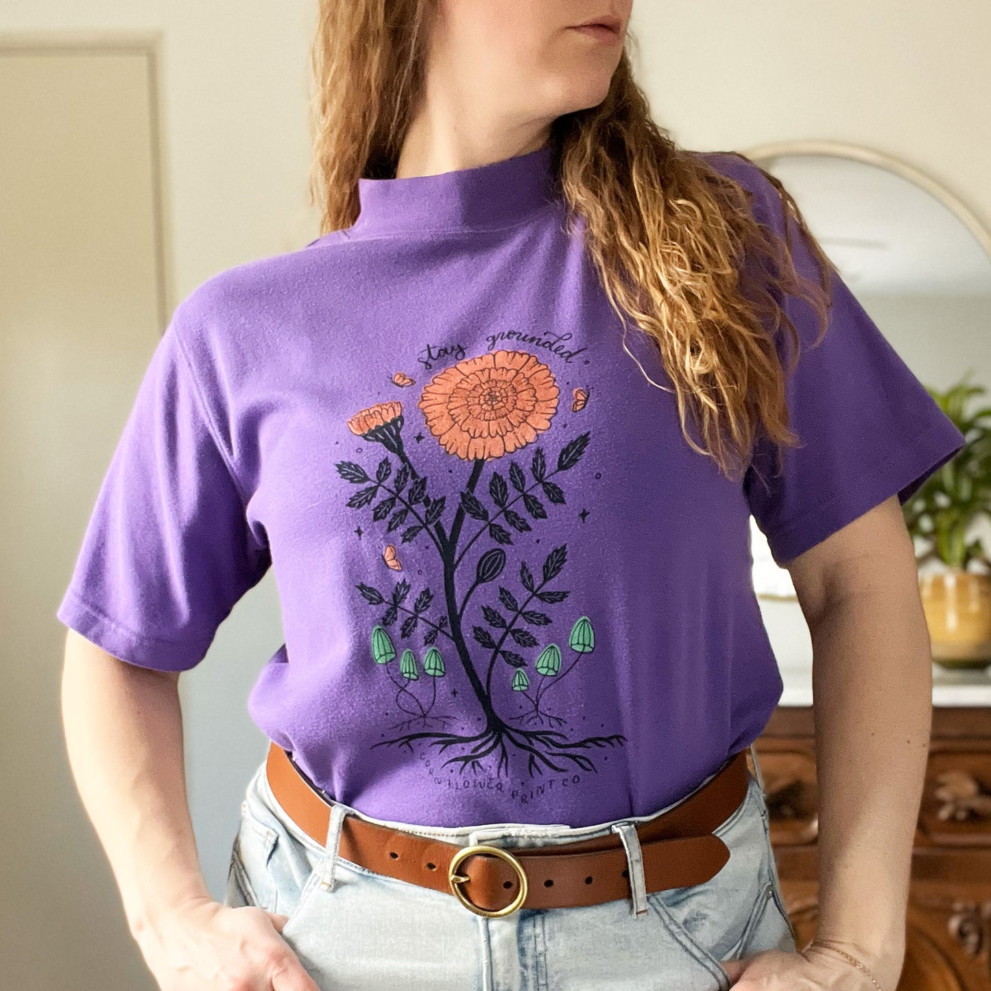 October Birth Flower | Marigold | Purple Short Sleeve Turtleneck Shirt | Large