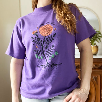 October Birth Flower | Marigold | Purple Short Sleeve Turtleneck Shirt | Large