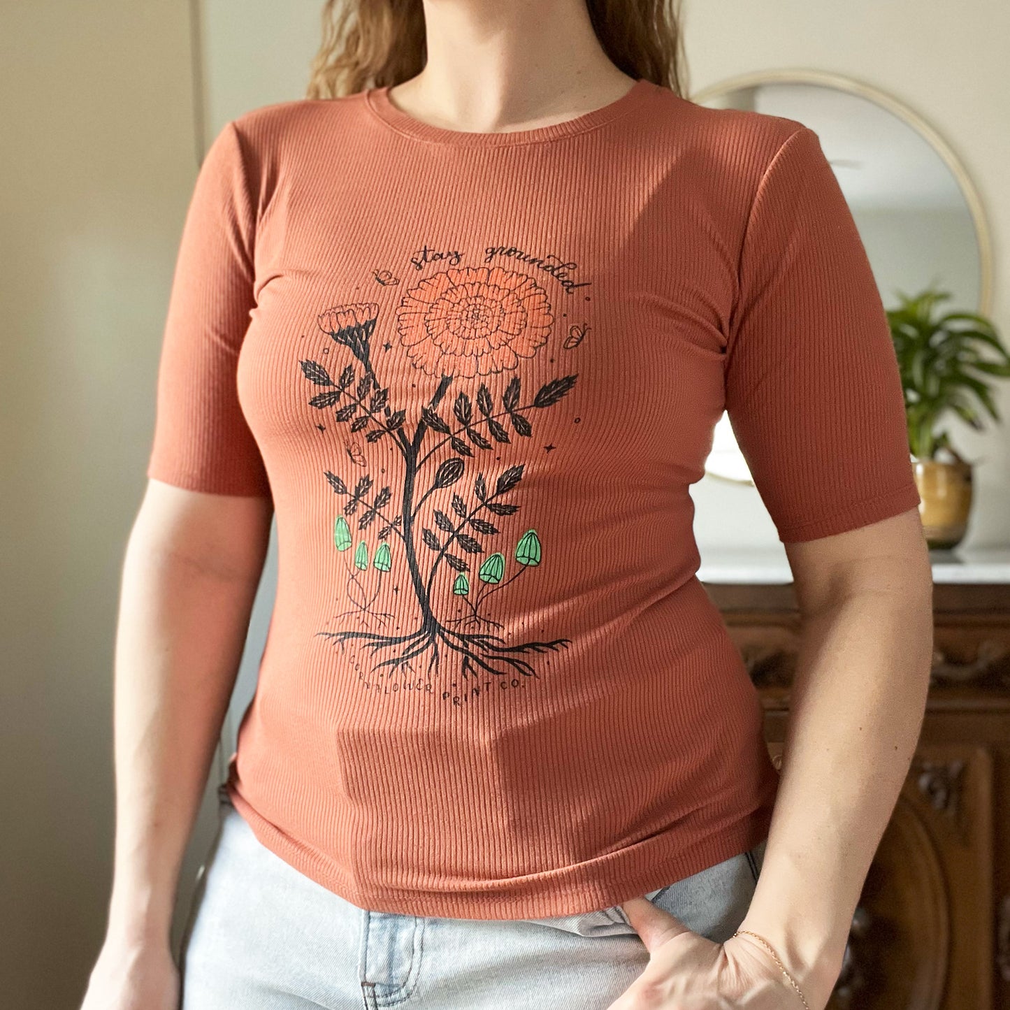 October Birth Flower | Marigold | Orange Short Sleeve Ribbed Shirt | Medium