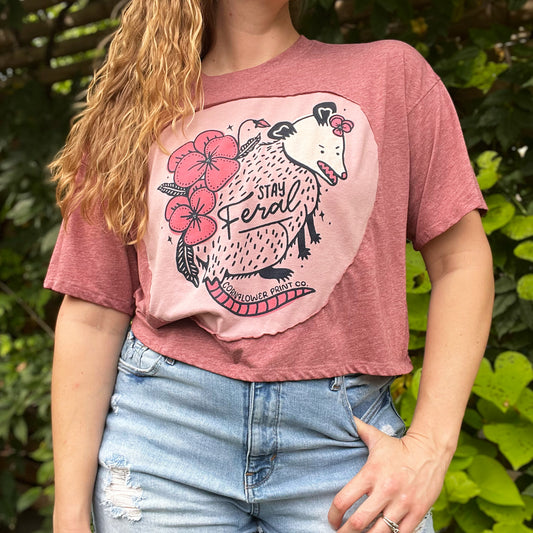 Stay Feral | Opossum | Dusty Pink Crop Top | Medium