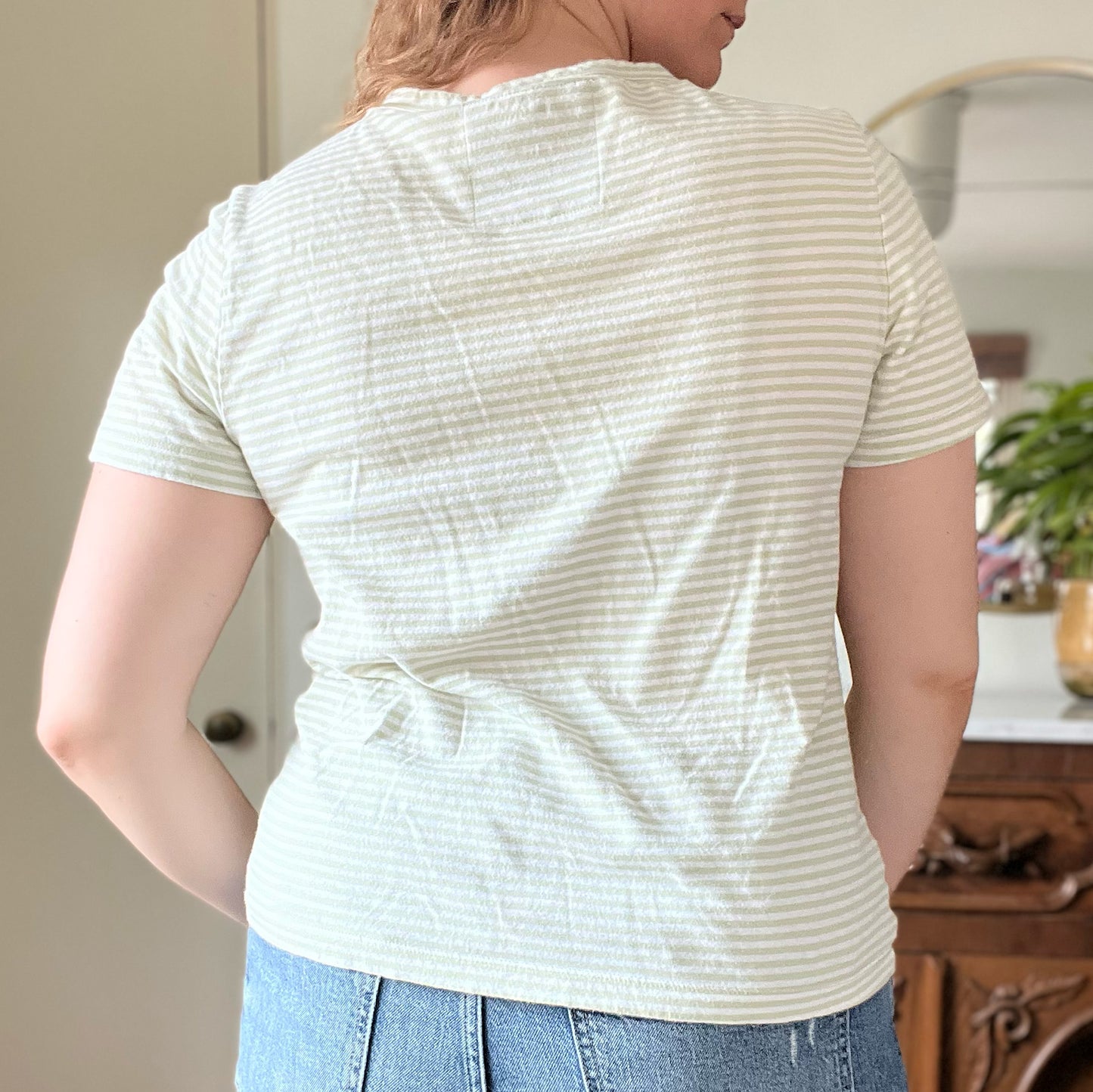 November Birth Flower | Chrysanthemum | Green & White Striped Tee | Medium