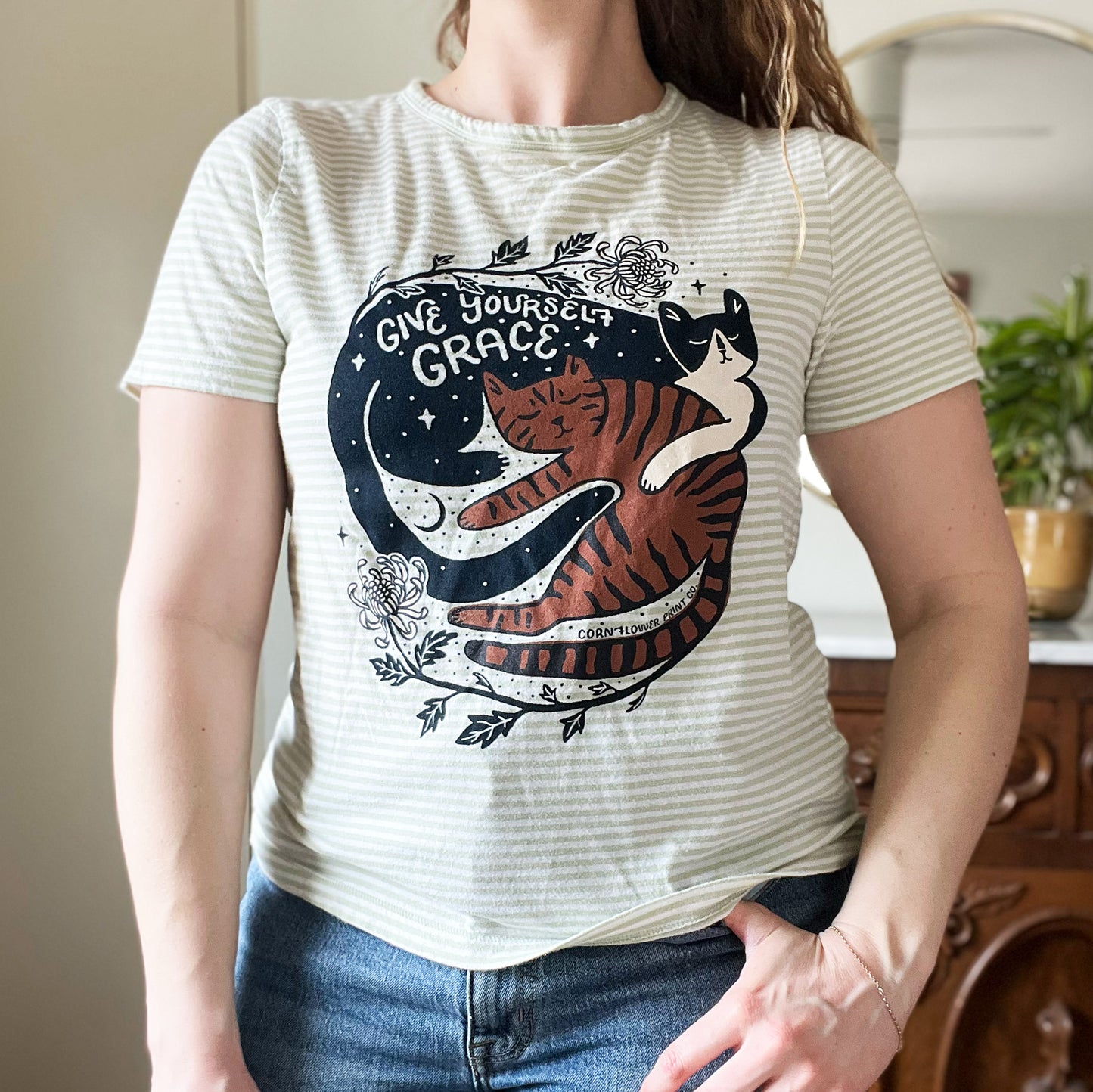 November Birth Flower | Chrysanthemum | Green & White Striped Tee | Medium