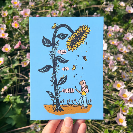 Postcard | All is Well | Sunflower & Butterflies