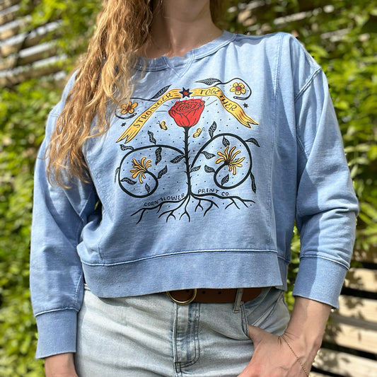 Stronger Together | June Birth Flower | Blue Crop Sweatshirt | Medium